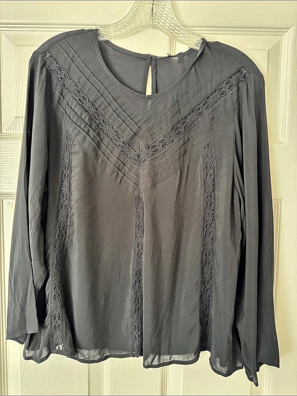 Michael Stars Cropped Blouse W/ Lace Trim Long Sleeve Black Large NWT